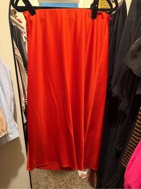 a new day Red Satin Midi Skirt